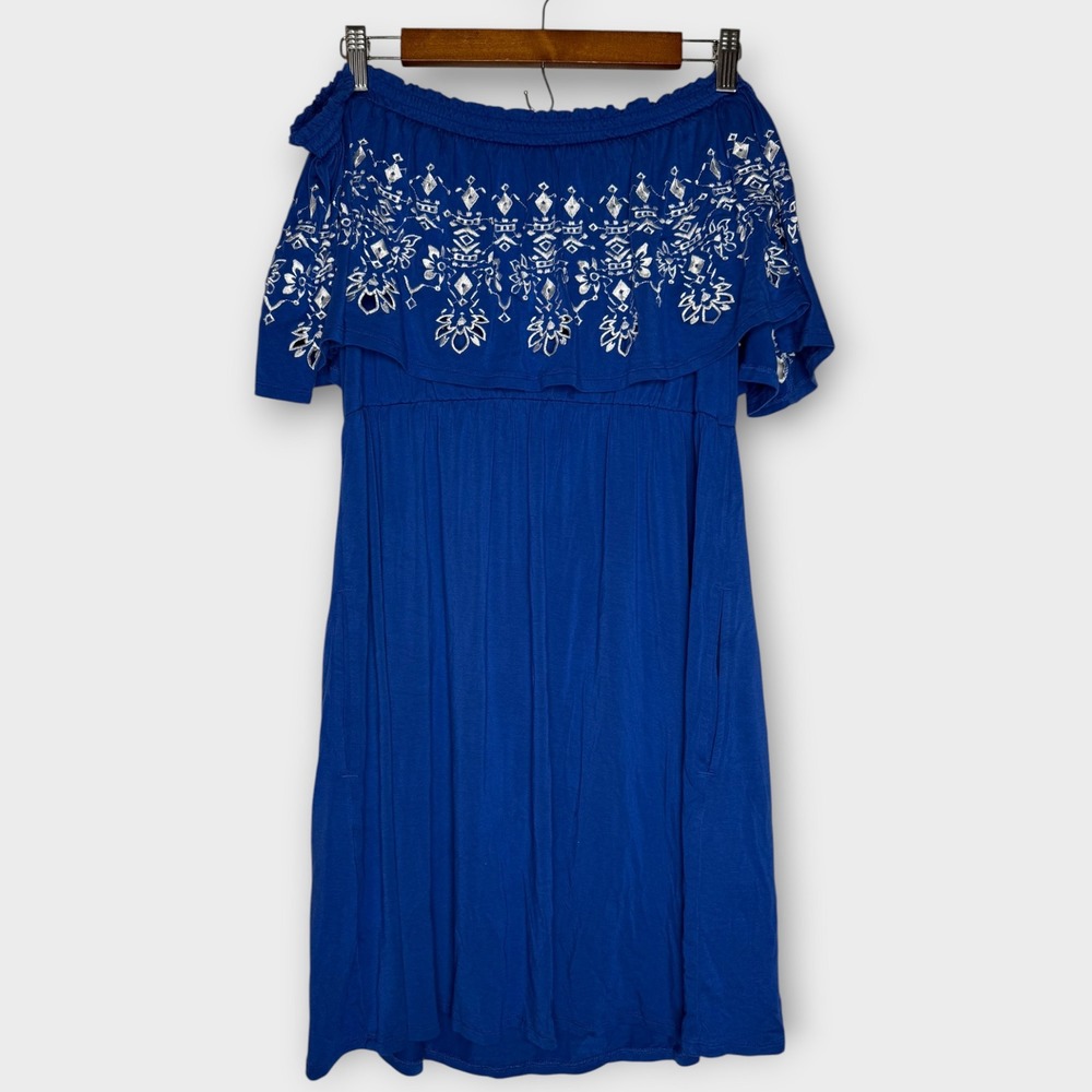 New Soma Blue Embroidered Off the Shoulder Summer Dress Ruffle Resort Pockets XL - Picture 5 of 5